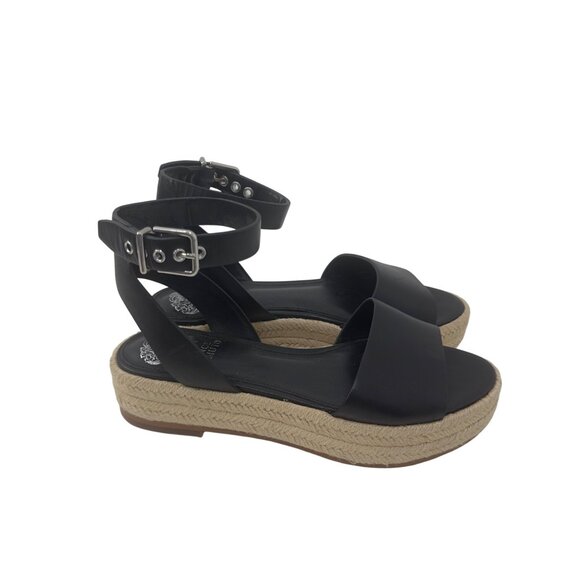 Vince Camuto Black Leather Espadrille Sandals Ankle Strap & Buckle Womens SZ 6.5 - Picture 2 of 14
